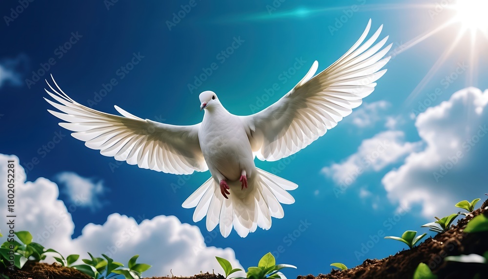 Fototapeta premium A white dove, symbolizing peace, slowly descends to earth against a bright blue sky with the sun and fluffy clouds