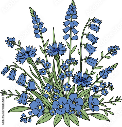 Blue Wildflower Bouquet Illustration with Bellflowers, Spiky Petals, and Green Leaves for Botanical and Decorative Design