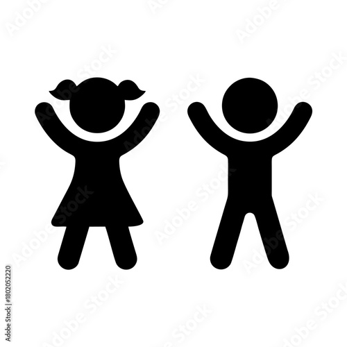 Black vector icon of children. Symbol of a boy and a girl. Happy raising both hands.
