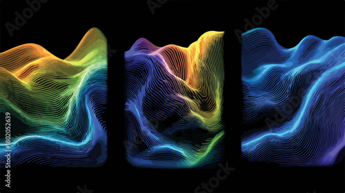 デジタルアートの波形、虹色のグラデーションが美しい抽象的な背景、テクノロジーと科学の概念を表現