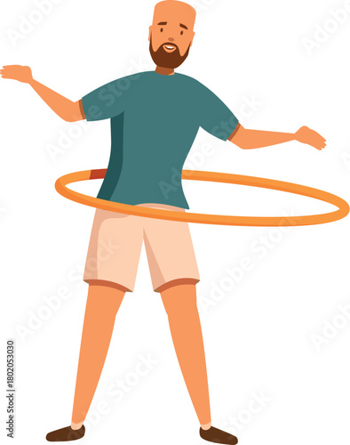 Happy sportsman is rotating hula hoop around waist, exercising outdoors, improving coordination, enjoying active lifestyle, having fun and burning calories