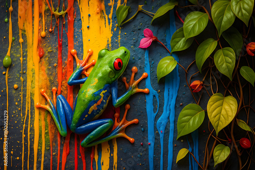 Vibrant Tree Frog on Colorful Canvas: A vividly colored tree frog perches on a multi-hued canvas. The scene merges artistry with nature, creating an immersive artistic experience.
