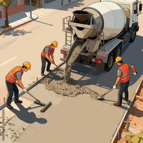 Road construction workers collaboratively pouring and leveling fresh concrete to build a new urban street section
