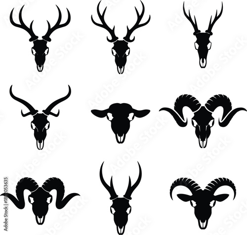 Deer ram antelope skull icons, hunting trophy animal horn silhouettes, wildlife skeleton heads collection, black flat design set, cad drawing flat vector illustration
