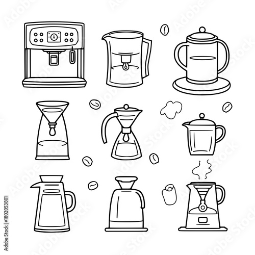 coffee machines for barista design vector hand drawn doodles