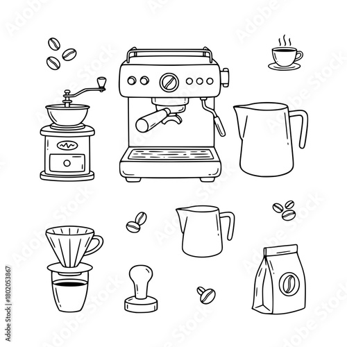 coffee shop equipment element hand drawn doodles, coffee machines design vector