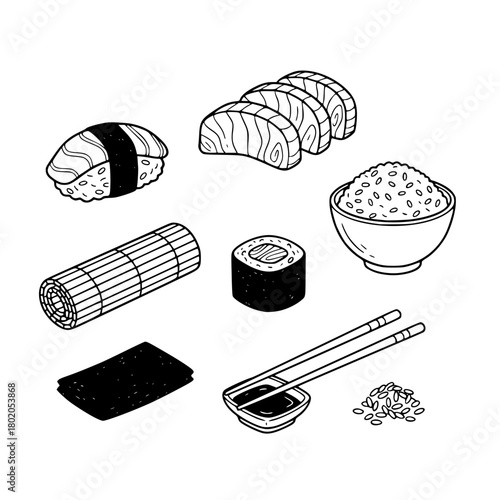 Japanese sushi icon element hand drawn doodles vector