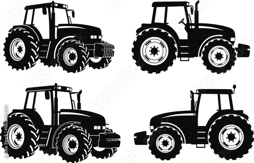 Farm agricultural tractor icons, heavy duty farming vehicle silhouettes, rural machinery transport collection, black diesel engine  set, countryside field equipment design, cad drawing flat vector 