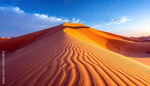 Fototapeta Naklejka Na Ścianę i Meble -  Expansive desert landscape featuring large, sculpted sand dunes with intricate ripple patterns under a clear blue sky.