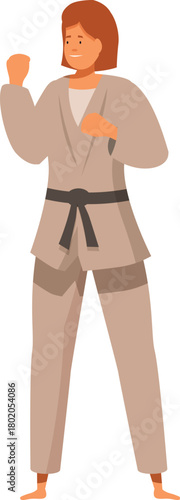 Female karate athlete practicing martial arts wearing kimono and black belt is ready to fight