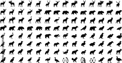 Wild animal silhouette pattern, deer bear fox bird penguin icons, seamless wildlife creature collection, forest and arctic animals set, black flat design background, cad drawing flat vector 