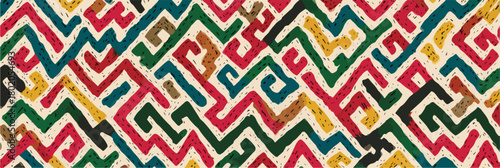 鮮やかな色彩の幾何学模様が連なる、伝統的な民族織物風のシームレスパターンベクター素材
