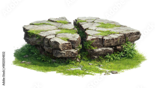 An isolated, rocky outcrop with grass and moss, split with a fissure in the center