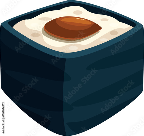 Single sushi piece, showcasing rice and a savory topping, embodies japanese culinary tradition