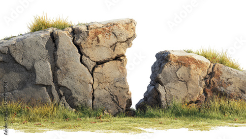 Rendered outdoor scene featuring two large cracked rocks with patches of grass and green foliage