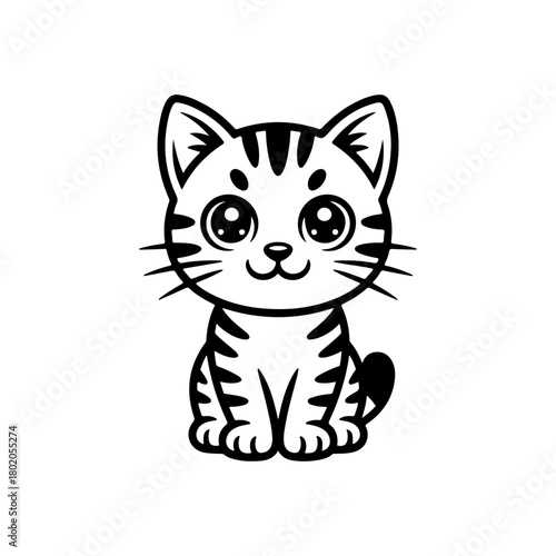 A black and white cartoon vector illustration of a cute, friendly tabby cat sitting. The kitten has big, sparkling eyes and prominent stripes,  in a simple, adorable style.