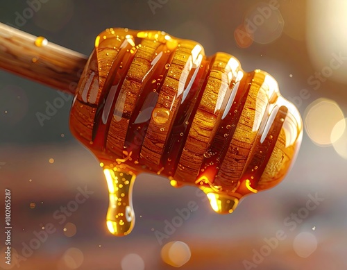 Golden Honey Drizzling from Wooden Honey Dipper with Warm Bokeh Lights on a Rustic Wooden Background Macro Shot