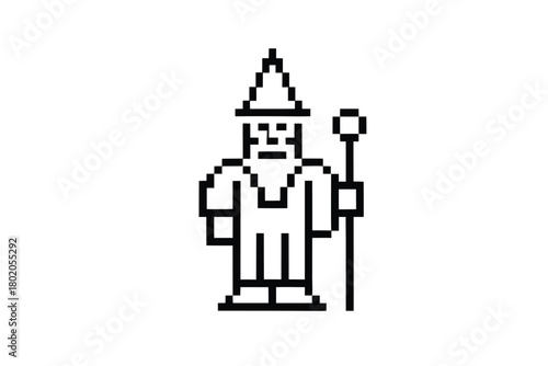 A wise wizard wearing a pointy hat holds a staff amidst celestial stars