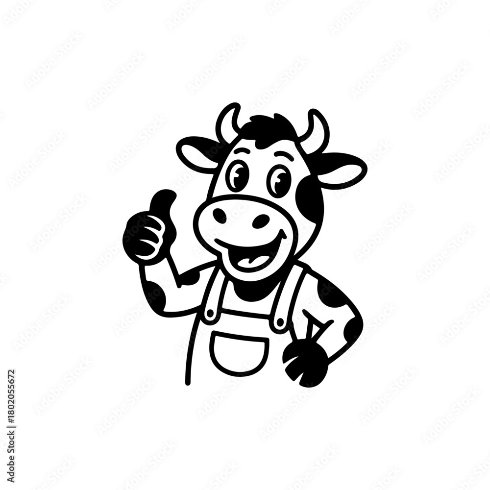Fototapeta premium A black and white cartoon mascot of a cheerful cow wearing overalls. The character is smiling and giving a confident thumbs up gesture, ideal for dairy or farm themes.