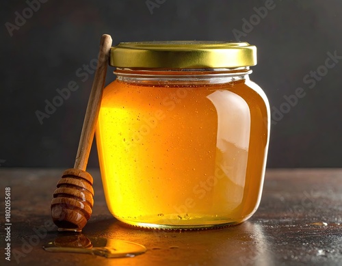 Golden Honey in Glass Jar with Wooden Dipper