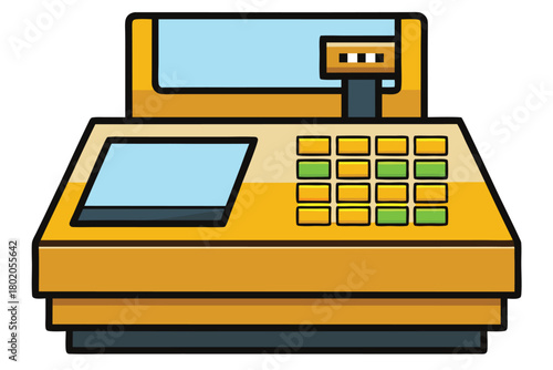A yellow and green cash register has two screens for transactions in store