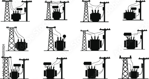 Silhouette vector illustration of electrical transformers mounted on utility poles and structures—power distribution infrastructure layout for engineering, planning, and technical reference