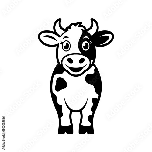 A black and white cartoon mascot of a spotted dairy cow standing and smiling. The character is in a simple, friendly style, ideal for milk or farm related businesses.