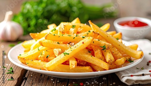 Golden French Fries Sprinkled with Herbs on White Plate with Garlic Bulb and Ketchup Bowl on Rustic Wooden Tabletop