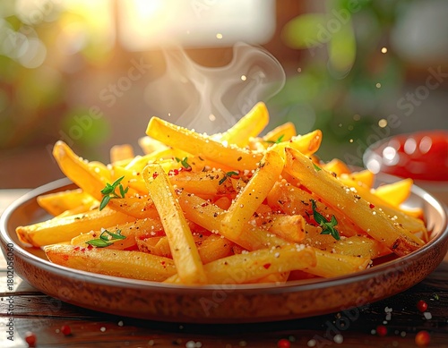 Golden French Fries with Herbs and Spices on Rustic Plate
