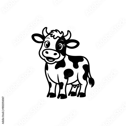 A black and white cartoon mascot of a spotted dairy cow standing and smiling. The character is in a simple, friendly style, ideal for milk or farm related businesses.