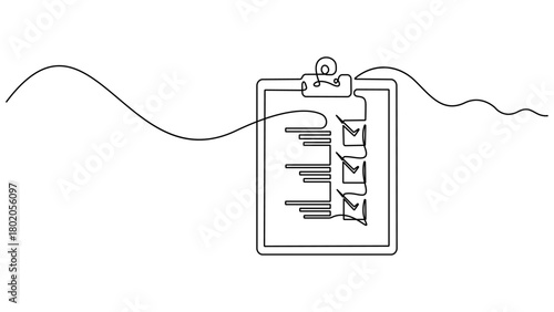 Continuous one line drawing of clipboard and pen design. clipboard with Good Marks with pass direction with tick mark. Single line drawing checklist clipboard and pen. Editable Stroke