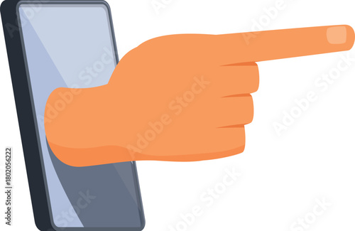 Cartoon hand pointing out of smartphone screen indicating direction