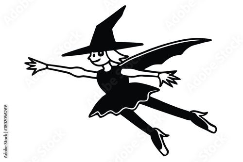 Black and white icon showing a fairy witch flying happily with open hands