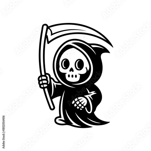 A black and white cartoon character of the Grim Reaper holding a scythe. The cute, chibi style figure features a skull head and a flowing hooded robe, suitable for playful Halloween themes.