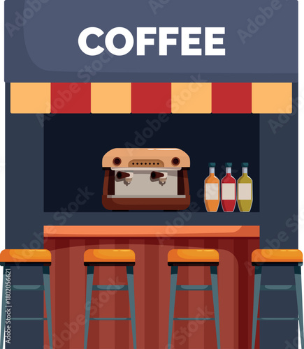 Small coffee shop building with espresso machine and bar stools serving beverages, ideal for a quick caffeine fix