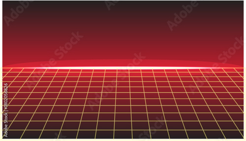 A striking retro synthwave background featuring a deep red void and a golden wireframe perspective grid ending in a brilliant neon horizon line.