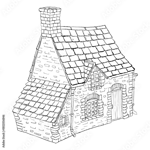 Hand drawn old stone cottage house with chimney tiled roof and wooden door in vintage countryside architectural style