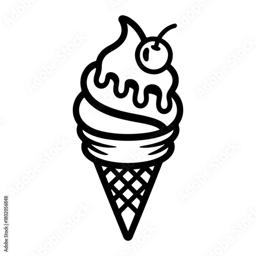 A black and white line art icon of a soft serve ice cream cone topped with a cherry. The illustration features a waffle cone texture and a dripping effect, isolated on white.
