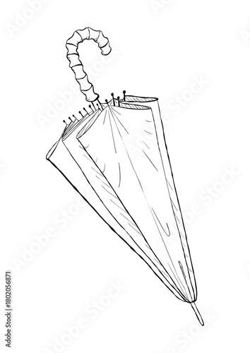 Hand drawn closed umbrella with curved handle in vintage sketch style isolated on white background for rainy weather themes
