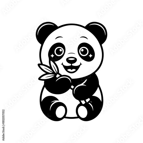 A black and white cartoon vector illustration of an adorable baby panda sitting and happily holding a stalk of bamboo. The character is simple, cute, and friendly.
