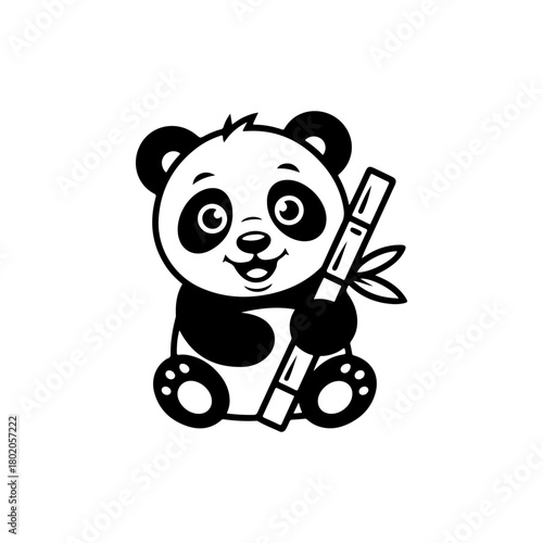 A black and white cartoon vector illustration of an adorable baby panda sitting and happily holding a stalk of bamboo. The character is simple, cute, and friendly.