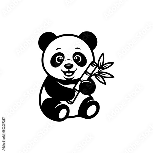 A black and white cartoon vector illustration of an adorable baby panda sitting and happily holding a stalk of bamboo. The character is simple, cute, and friendly.
