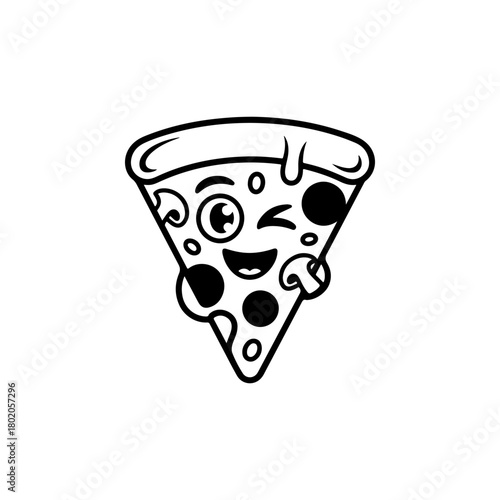 A black and white cartoon mascot of a slice of pizza winking and smiling. The character has arms, various toppings, and is stylized in a fun, retro comic look.