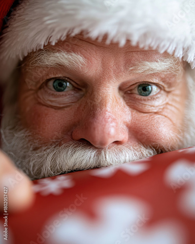 Focusing on Santa, this image captures his delightful expression while presenting a beautifully wrapped present, symbolizing joy, surprise, and the magic of Christmas.