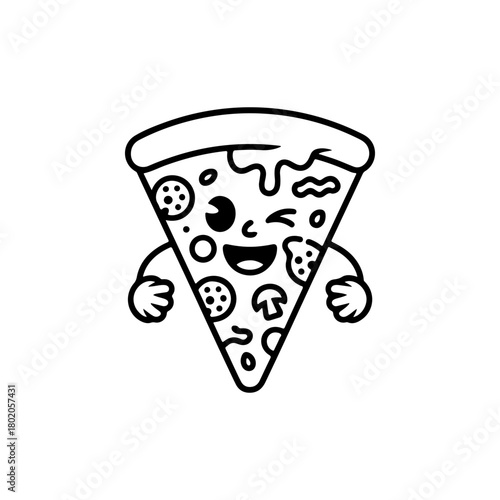 A black and white cartoon mascot of a slice of pizza winking and smiling. The character has arms, various toppings, and is stylized in a fun, retro comic look.