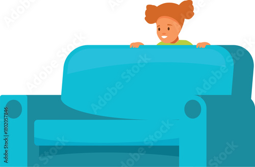 Smiling girl playing hide and seek, peeking over the back of a blue sofa