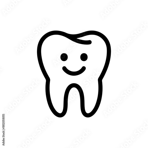 A simple black and white line art icon depicting a molar tooth with a friendly smiling face. The clean, cute design is ideal for dental care or children's dentistry themes.