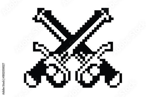Black pixel art shows two crossed dueling pistols on a white background
