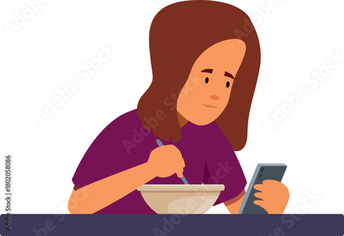 Girl having breakfast and looking at her smartphone at the same time