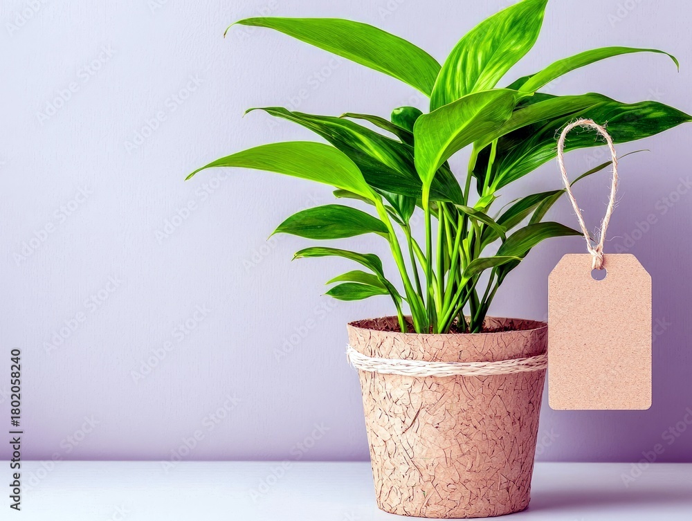 Fototapeta premium A healthy green houseplant in a textured pot has a blank cardboard tag tied with twine hanging from one of its leaves.